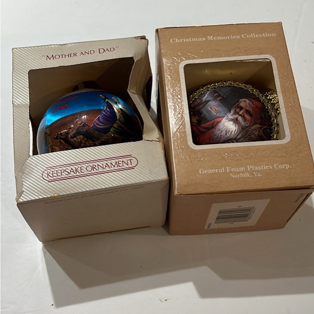 Two vintage Christmas ornaments. One is 1982 “Mother and Dad” & 1993 Christmas